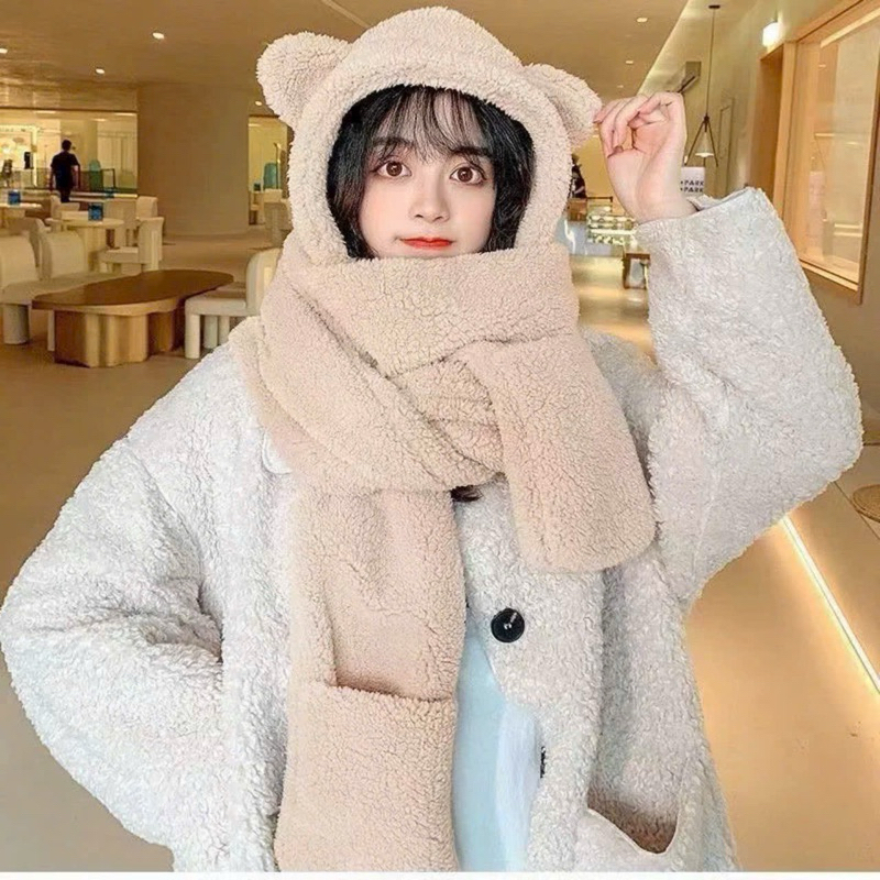 Mũ Len Nữ Trùm Đầu Kèm Khăn Tai Thỏ Siêu Đáng Yêu Ấm Áp, Mũ Len Lông Cừu Cực Mềm Mịn Thời Trang 2025