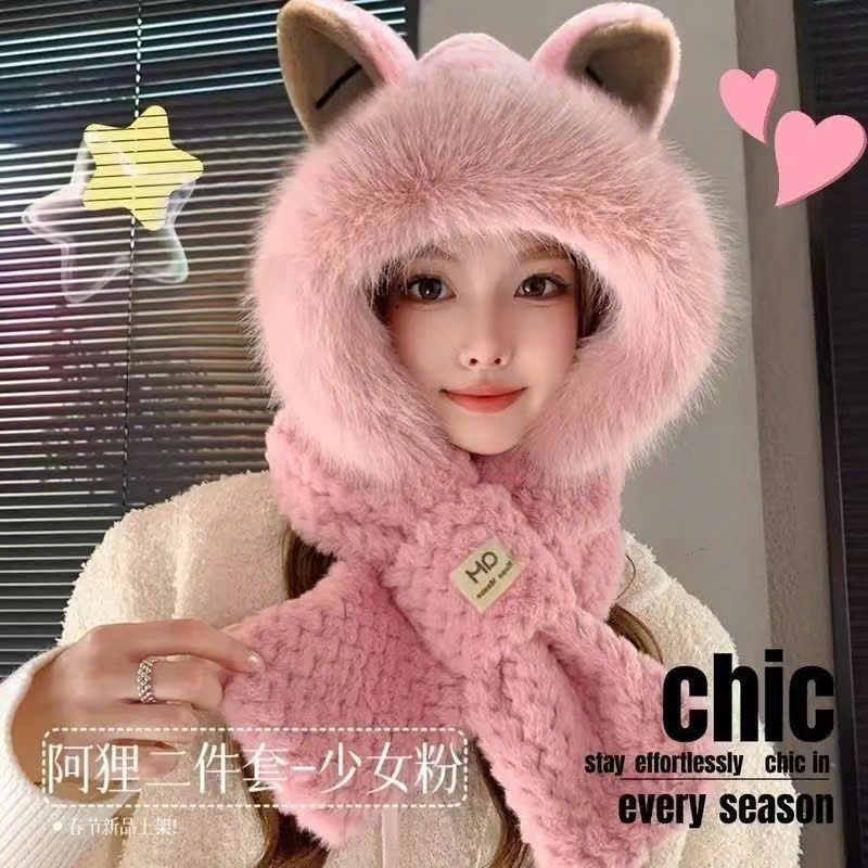 Mũ Len Nữ Trùm Đầu Kèm Khăn Tai Thỏ Siêu Đáng Yêu Ấm Áp, Mũ Len Lông Cừu Cực Mềm Mịn Thời Trang 2025
