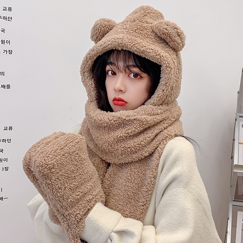 Mũ Len Nữ Trùm Đầu Kèm Khăn Tai Thỏ Siêu Đáng Yêu Ấm Áp, Mũ Len Lông Cừu Cực Mềm Mịn Thời Trang 2025