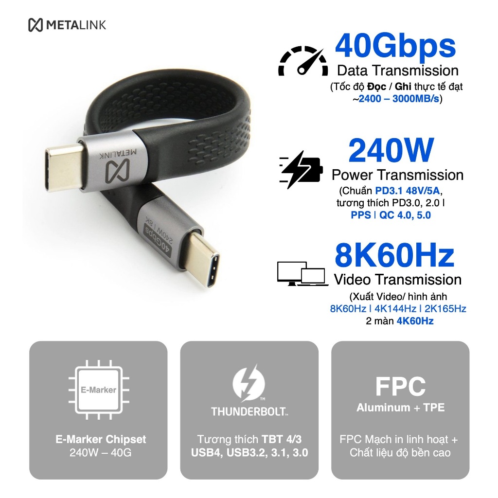 METALINK Cáp dữ liệu USB4 40G sạc nhanh PD 240W, xuất 8K60Hz, chip E-maker hỗ trợ Thunderbolt 4/3