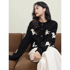 Áo LEN nữ HỌA TIẾT CÚN TRẮNG Hàng Quảng Châu áo len CARDIGAN ĐEN cài cúc nữ chất dày dặn mùa đông Order