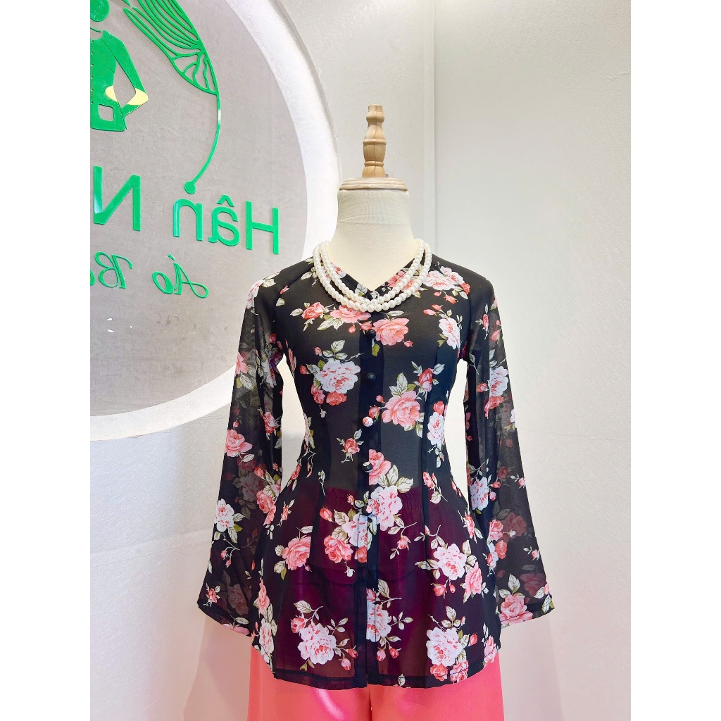 B.A163 - Áo Bà Ba Voan Hoa ( CHIFFON ) Cổ Tim Dây Kéo Nút Bọc Nụ Tay Dài