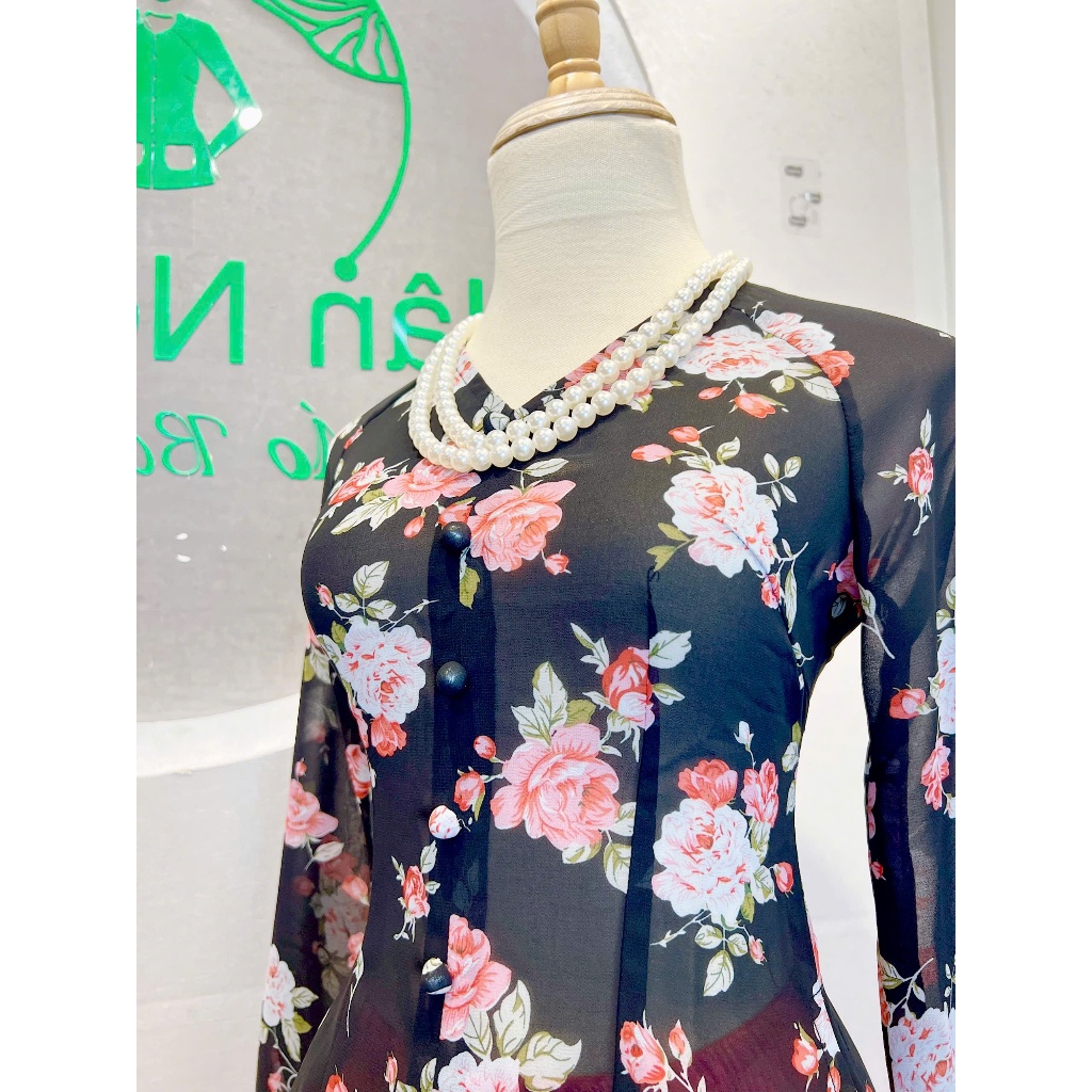 Hân Nguyễn Áo Bà Ba - B.A163 - Áo Bà Ba Voan Hoa ( CHIFFON ) Cổ Tim Dây Kéo Nút Bọc Nụ Tay Dài