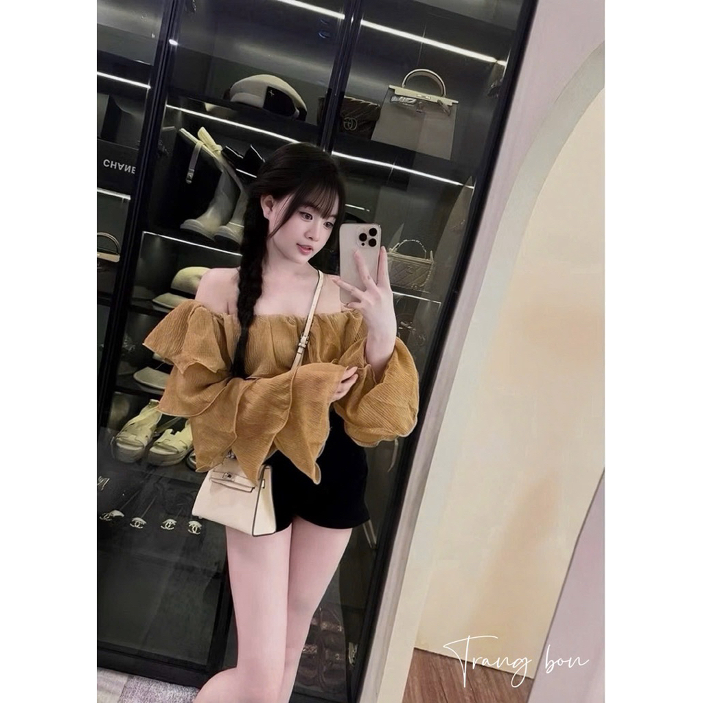 Áo tơ bèo trễ vai mix đồ xinh lắm tôn dáng