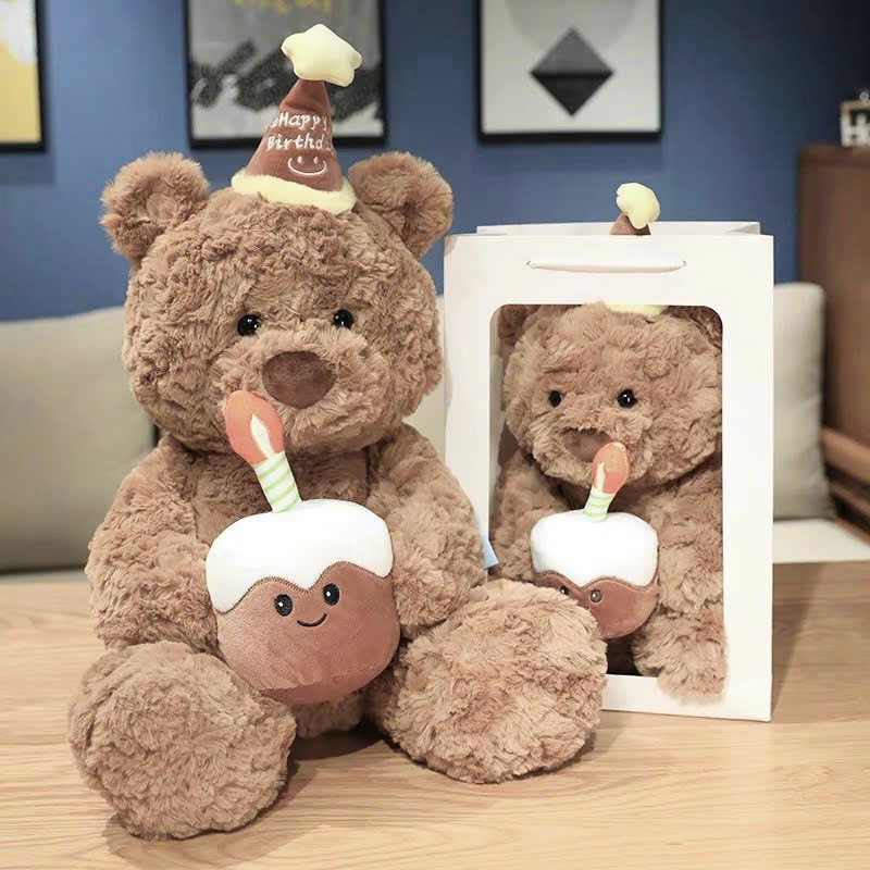 Gấu Bông Sinh Nhật Teddy Đội Mũ Cầm Bánh Kem Happy Birthday,Quà Tặng Sinh Nhật Gấu Bông Ý Nghĩa Cho Bé, Người Yêu