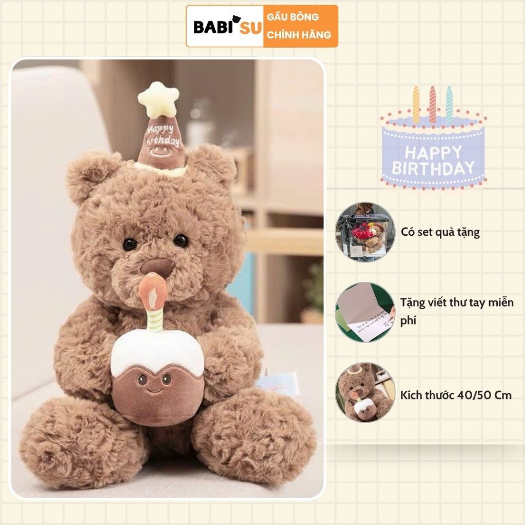 Gấu Bông Sinh Nhật Teddy Đội Mũ Cầm Bánh Kem Happy Birthday,Quà Tặng Sinh Nhật Gấu Bông Ý Nghĩa Cho Bé, Người Yêu
