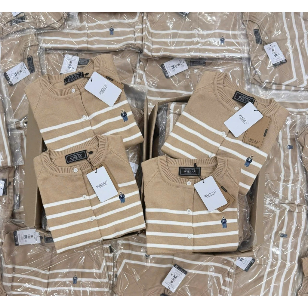 (Mới 2025) Áo cardigan len gấu thêu logo gấu xanh, họa tiết kẻ ngang be trắng nhẹ nhàng hot hit