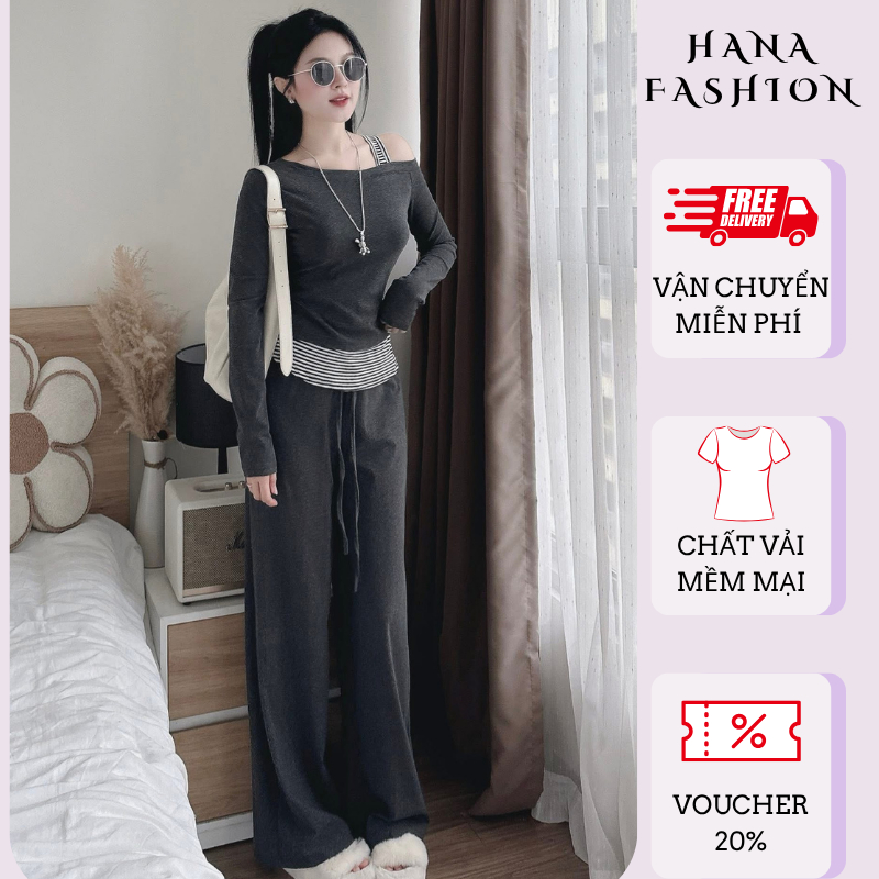 Set đồ nữ HANA HCOM26742 áo thun trễ vai mix quần suông dài, đồ bộ nữ dáng thể thao trẻ trung
