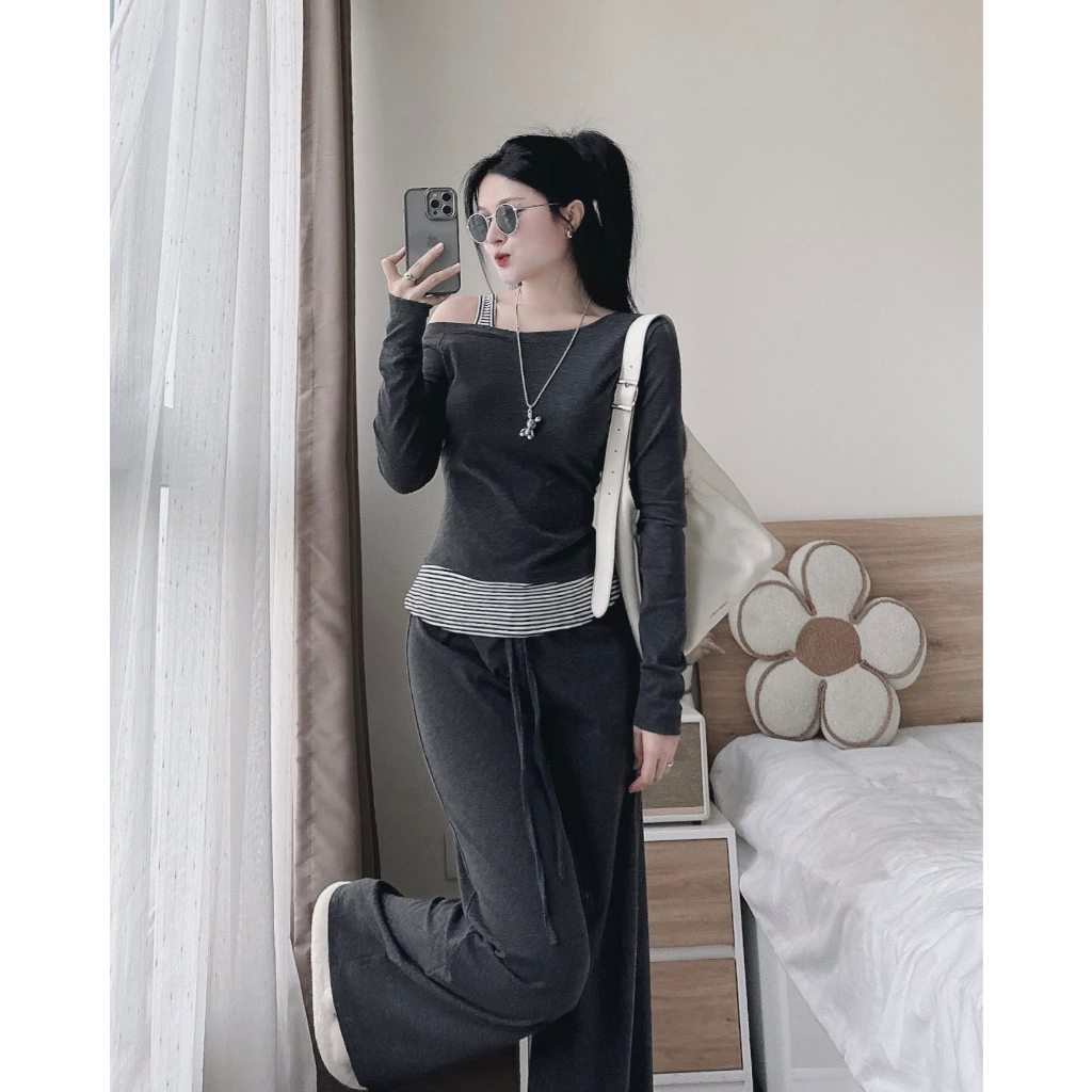 Set đồ nữ HANA HCOM26742 áo thun trễ vai mix quần suông dài, đồ bộ nữ dáng thể thao trẻ trung