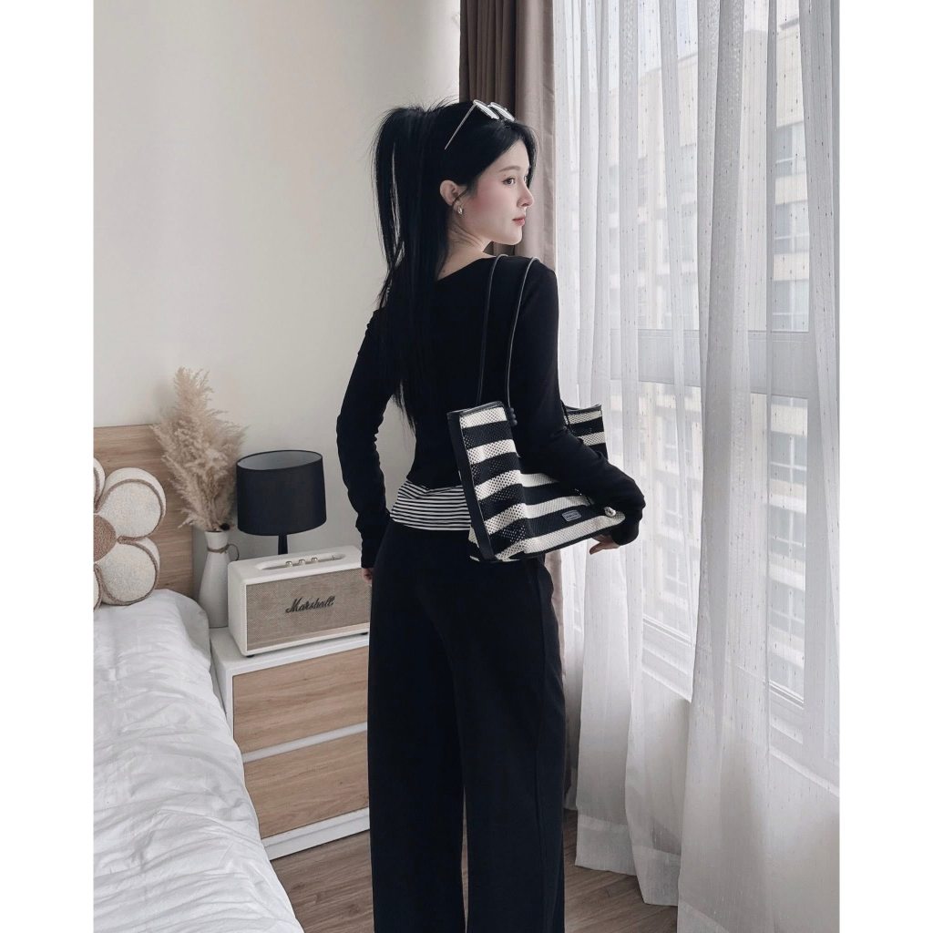 Set đồ nữ HANA HCOM26742 áo thun trễ vai mix quần suông dài, đồ bộ nữ dáng thể thao trẻ trung