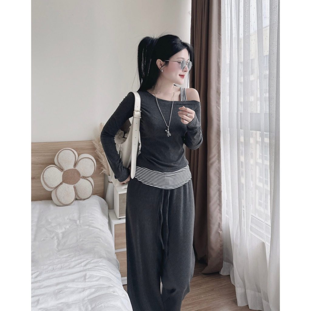 Set đồ nữ HANA HCOM26742 áo thun trễ vai mix quần suông dài, đồ bộ nữ dáng thể thao trẻ trung