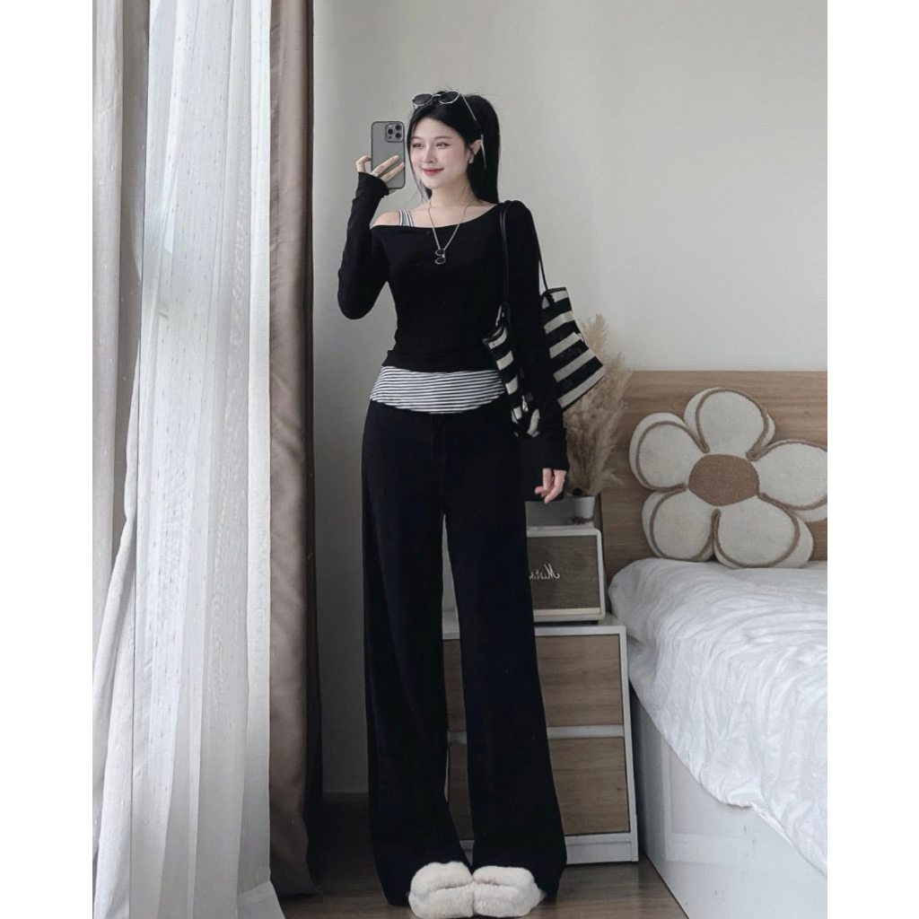 Set đồ nữ HANA HCOM26742 áo thun trễ vai mix quần suông dài, đồ bộ nữ dáng thể thao trẻ trung