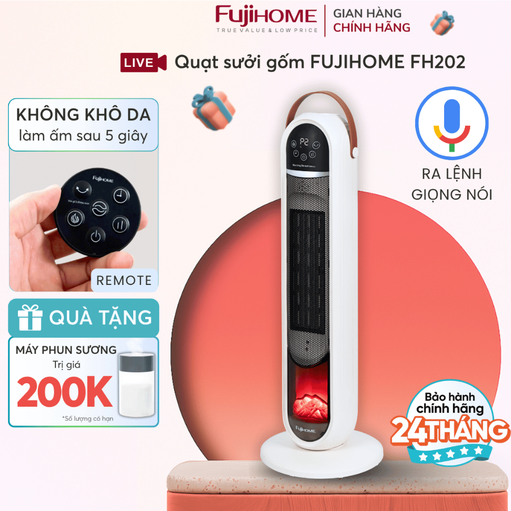 Sưởi gốm không khô da cảm biến tự điều chỉnh Nhập Khẩu FH202 FUJIHOME, Máy sưởi tự ngắt lọc không khí điều khiển giọng
