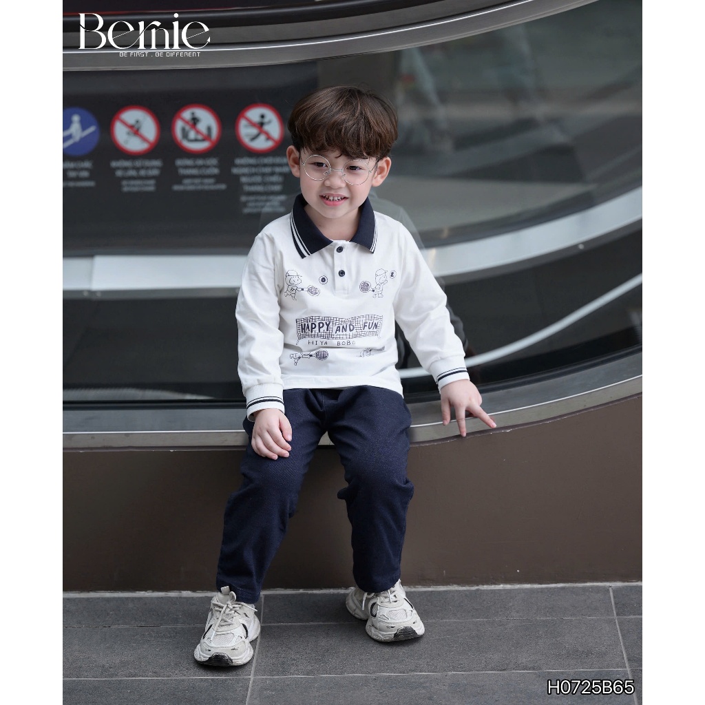 Bộ polo happy and fun áo cotton quần giả bò/jeans bé trai, bộ polo cổ đức cho bé H0725B65