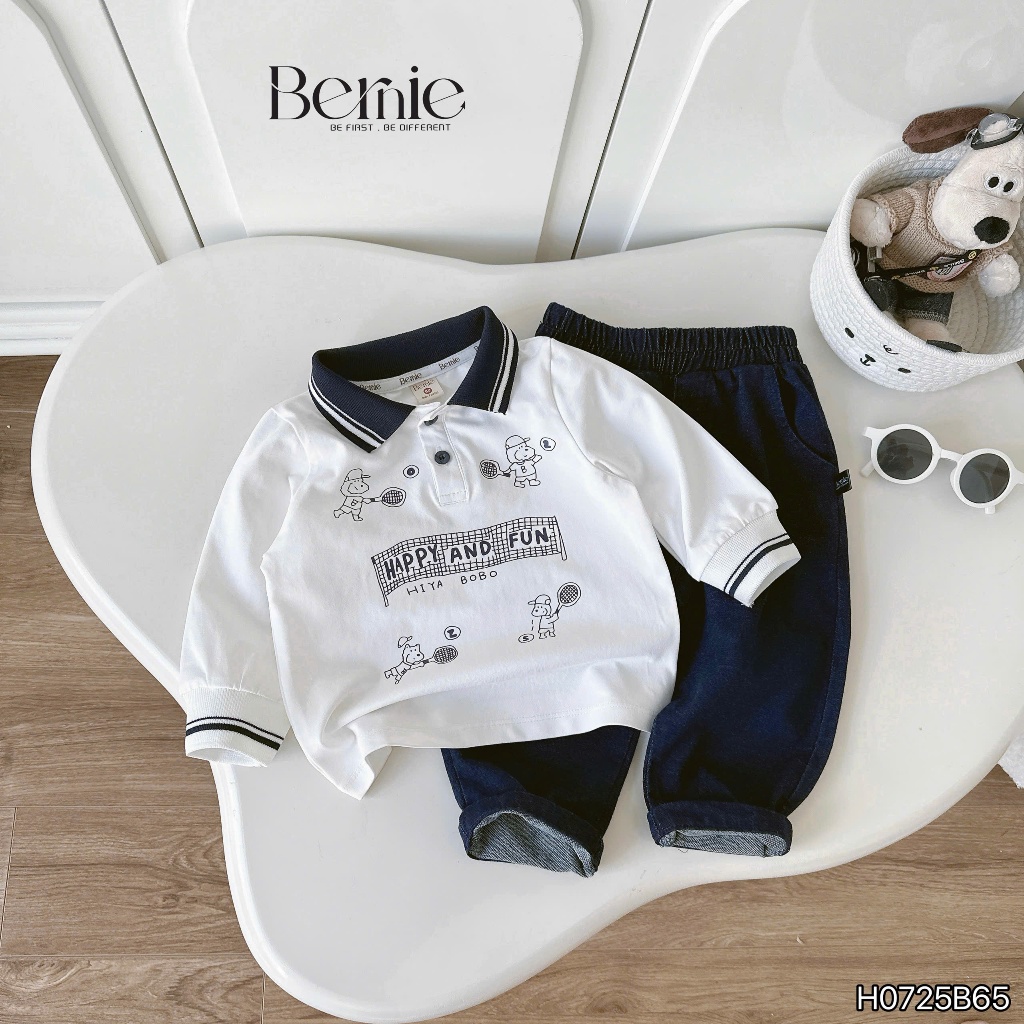 Bộ polo happy and fun áo cotton quần giả bò/jeans bé trai, bộ polo cổ đức cho bé H0725B65