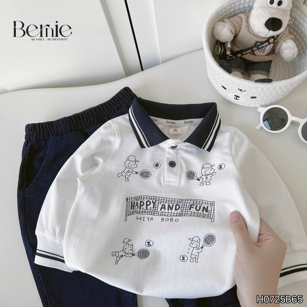 Bộ polo happy and fun áo cotton quần giả bò/jeans bé trai, bộ polo cổ đức cho bé H0725B65