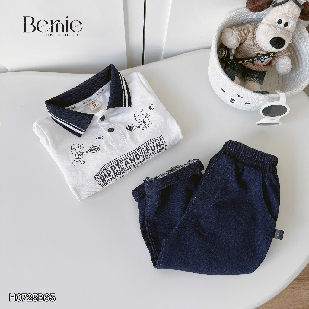 Bộ polo happy and fun áo cotton quần giả bò/jeans bé trai, bộ polo cổ đức cho bé H0725B65