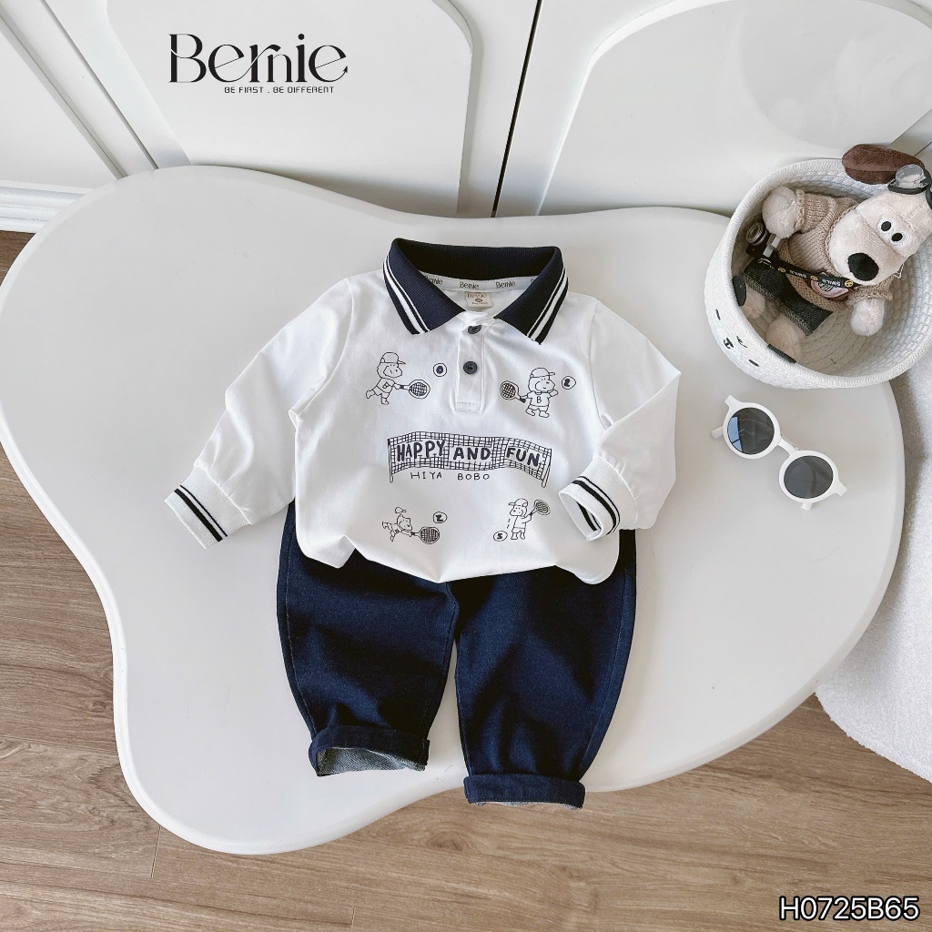 Bộ polo happy and fun áo cotton quần giả bò/jeans bé trai, bộ polo cổ đức cho bé H0725B65