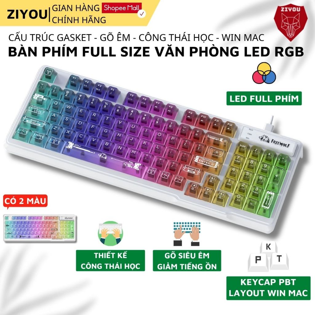 Bàn Phím Có Dây Ziyou Free Wolf M95 Keycap Trong Suốt, LED RGB 16 Triệu Màu, Phím Gõ Êm, Full Size | BigBuy360 - bigbuy360.vn