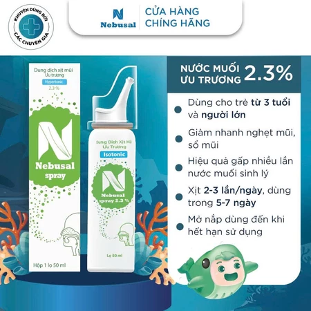 Xịt Mũi NEBUSAL Nước Muối ưu trương 2.3% Kháng Khuẩn Giảm Viêm Mũi Xoang Nghẹt Mũi