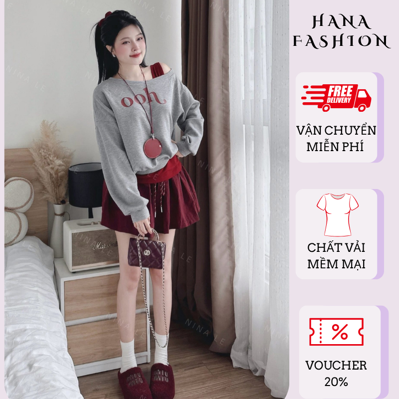 Set đồ nữ HANA HCOM26763 áo thun dài tay trễ vai mix chân váy xoè, đồ bộ nữ xinh xắn đáng yêu