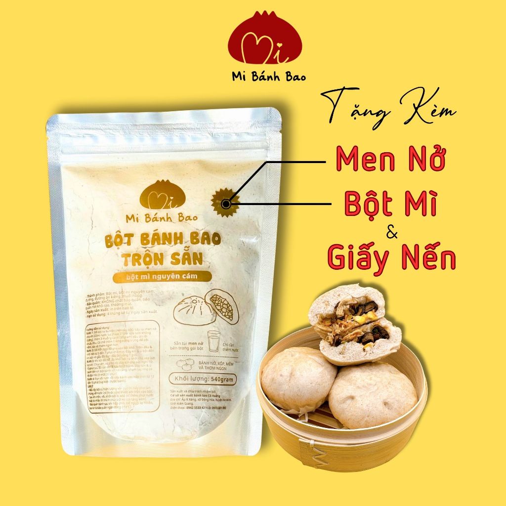 Bột Bánh Bao pha sẵn loại NGUYÊN CÁM 540g (Tặng kèm Men nở, bột thấm tay, giấy lót bánh), Nguyên Cám