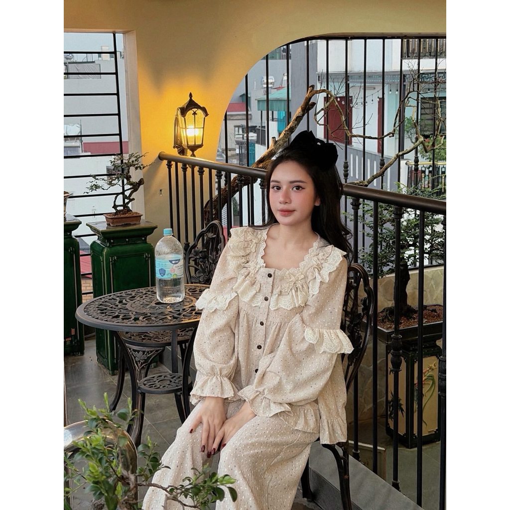 Đồ ngủ nữ, bộ mặc nhà nữ pijama dài tay thiết kế phối ren bèo siêu xinh JUN HCOM26746