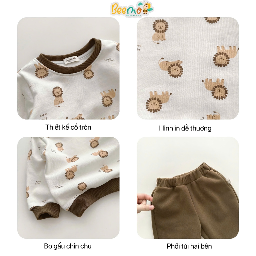 Bộ quần áo bé trai nỉ da cua in tràn sư tử , set bộ thu đông dài tay nỉ  in hình bé trai 5356BDB