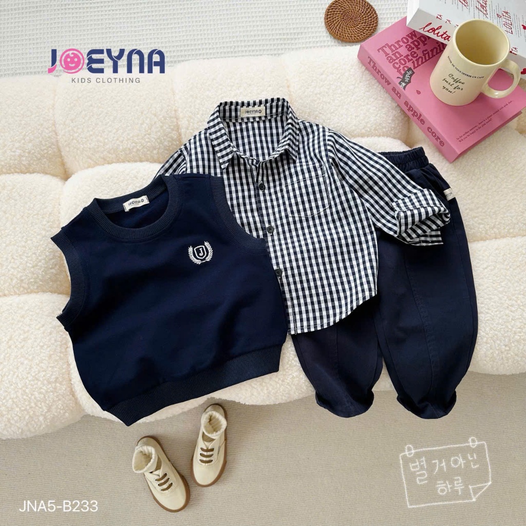 Bộ gile kẻ 3 chi tiết (sơ mi, gile, quần kaki), set công tử bảnh bao cho bé Jna5-B233