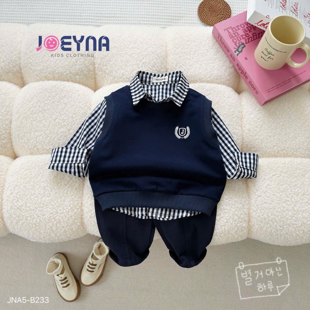 Bộ gile kẻ 3 chi tiết (sơ mi, gile, quần kaki), set công tử bảnh bao cho bé Jna5-B233