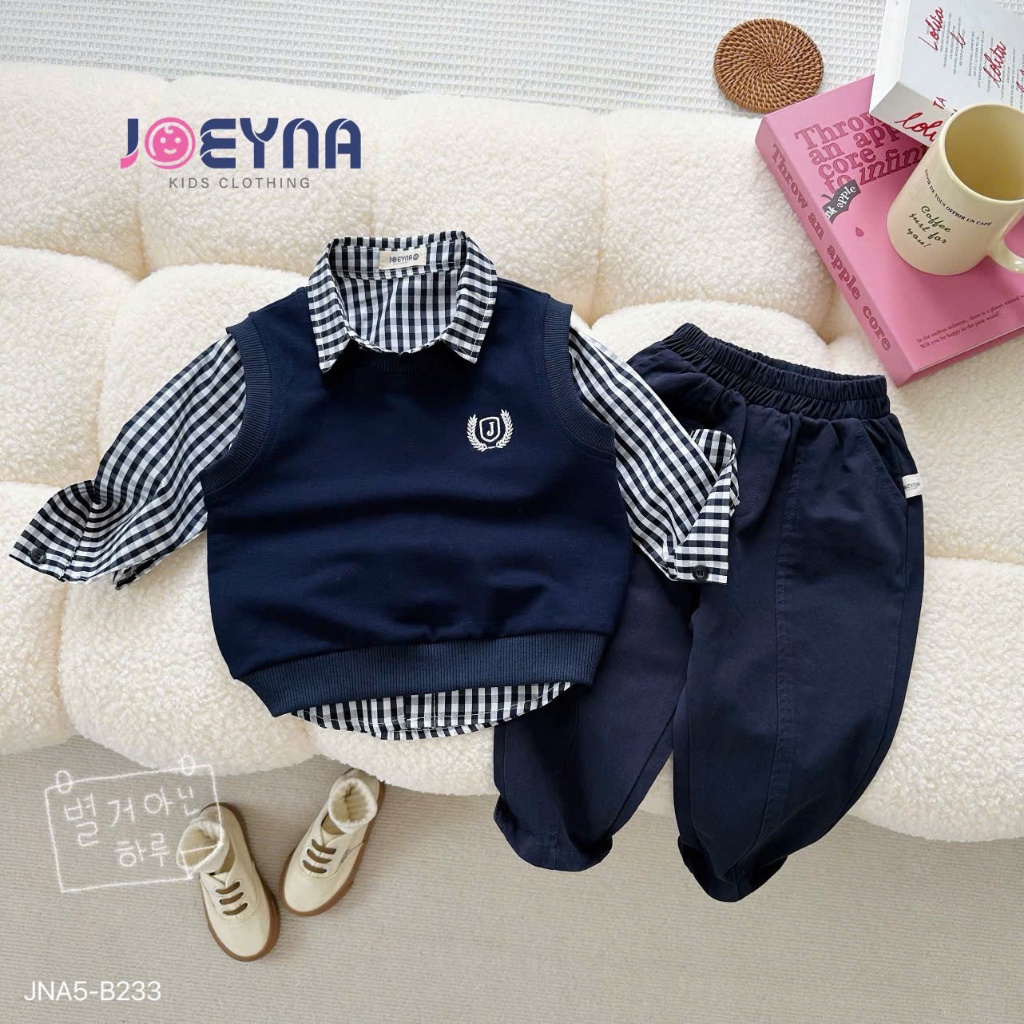 Bộ gile kẻ 3 chi tiết (sơ mi, gile, quần kaki), set công tử bảnh bao cho bé Jna5-B233