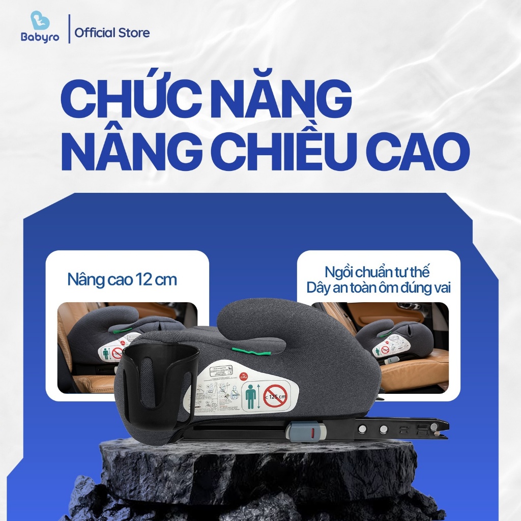 Ghế ngồi ô tô cho trẻ em Babyro Booster Plus(Có isofix), ghế nâng chiều cao cho bé 6 - 12 tuổi, tiêu chuẩn R129