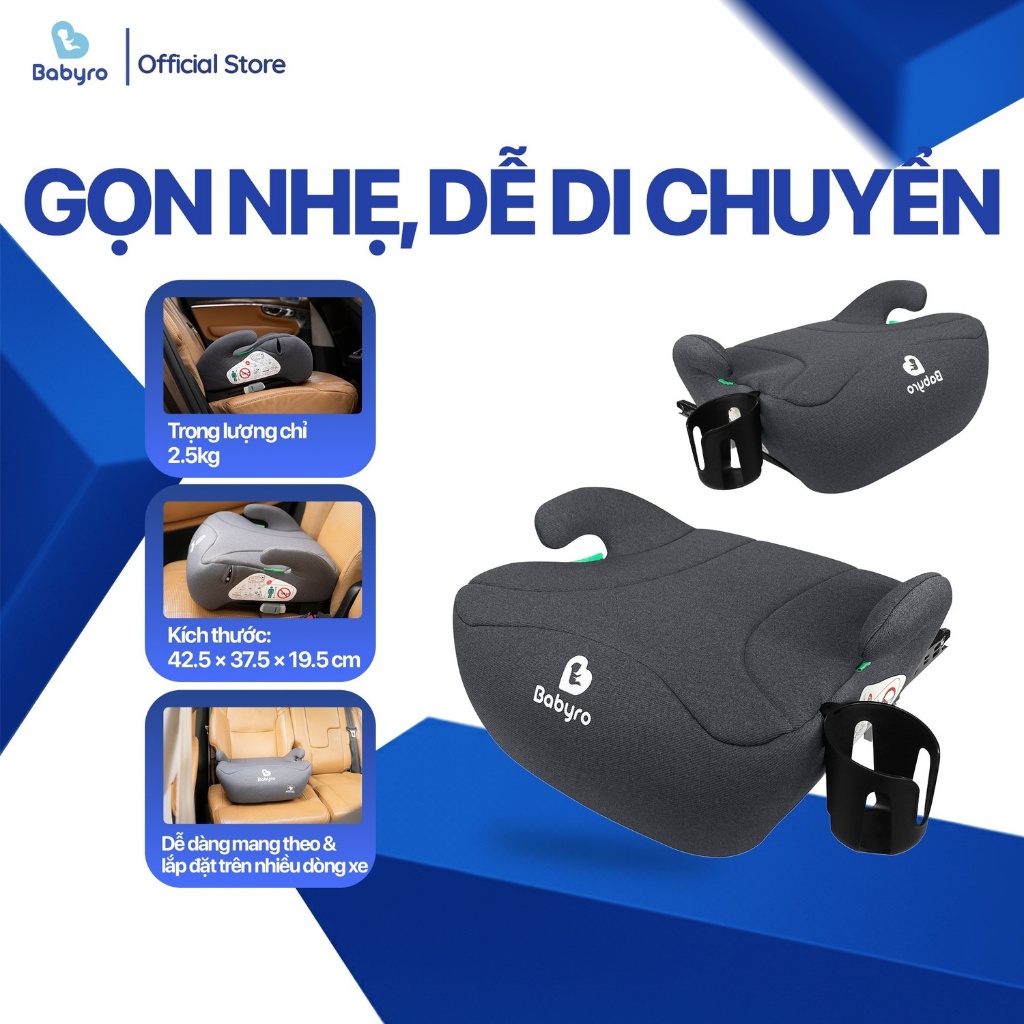 Ghế ngồi ô tô cho trẻ em Babyro Booster Plus(Có isofix), ghế nâng chiều cao cho bé 6 - 12 tuổi, tiêu chuẩn R129