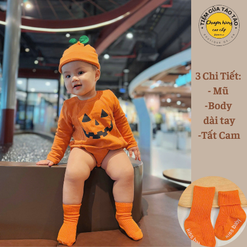 (SẴN SHIP - HỎA TỐC) Bodysuit Bí Ngô Halloween dài tay tặng kèm mũ và tất Cam cho bé trai bé gái từ 4-14kg chụp,body