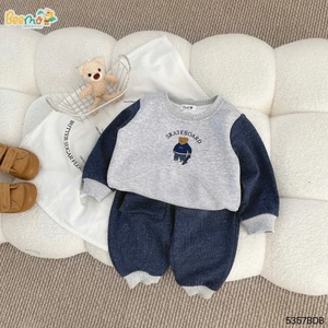 Bộ nỉ phối tay in gấu cá tính, bộ thu đông nỉ 2 da dày dặn cho bé 5357BDB