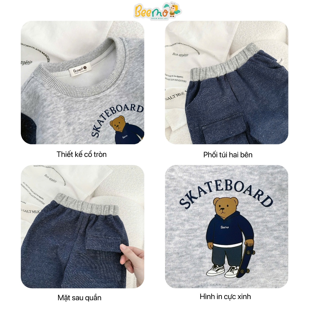 Bộ nỉ phối tay in gấu cá tính, bộ thu đông nỉ 2 da dày dặn cho bé 5357BDB