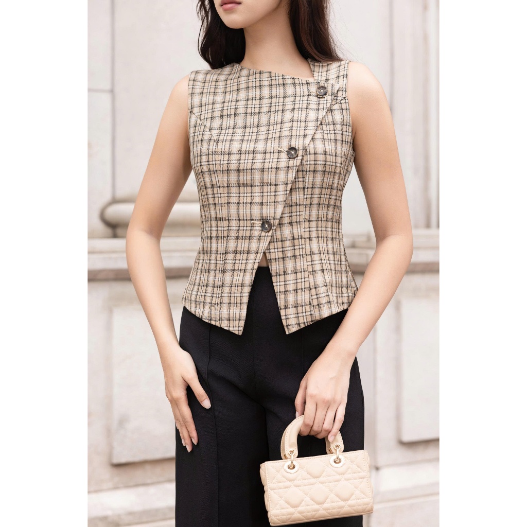 LABAVISTA Áo gile họa tiết caro vải chéo phom lửng tôn dáng phong cách năng động hiện đại
