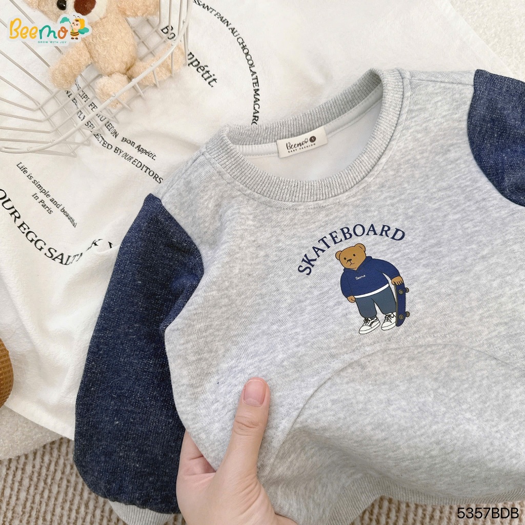 Bộ nỉ phối tay in gấu cá tính, bộ thu đông nỉ 2 da dày dặn cho bé 5357BDB