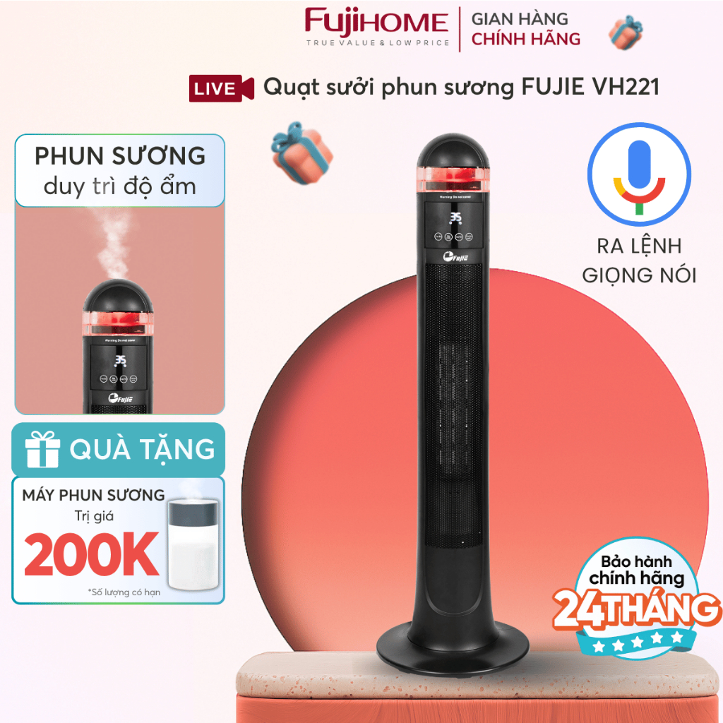 Máy sưởi nhanh bằng gốm FUJIE VH221 Nhập Khẩu, Máy sưởi điều khiển giọng nói và tạo ẩm phun sương