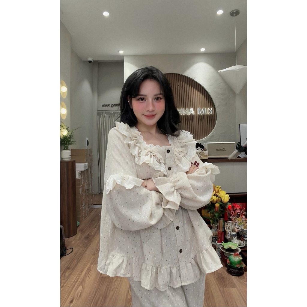 Đồ ngủ nữ, bộ mặc nhà nữ pijama dài tay thiết kế phối ren bèo siêu xinh JUN HCOM26746