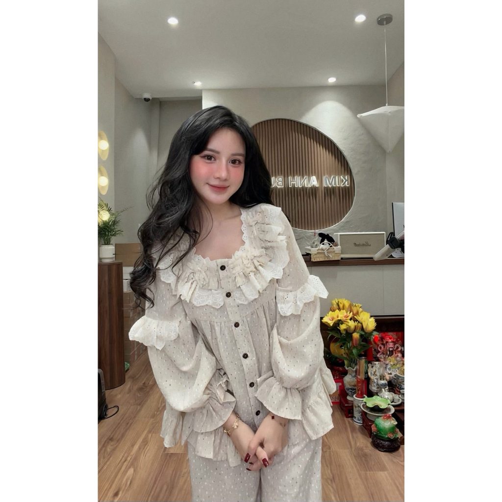 Đồ ngủ nữ, bộ mặc nhà nữ pijama dài tay thiết kế phối ren bèo siêu xinh JUN HCOM26746
