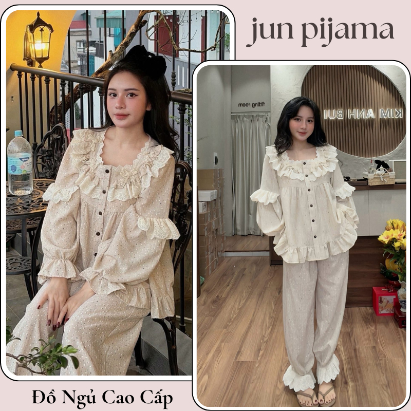 Đồ ngủ nữ, bộ mặc nhà nữ pijama dài tay thiết kế phối ren bèo siêu xinh JUN HCOM26746