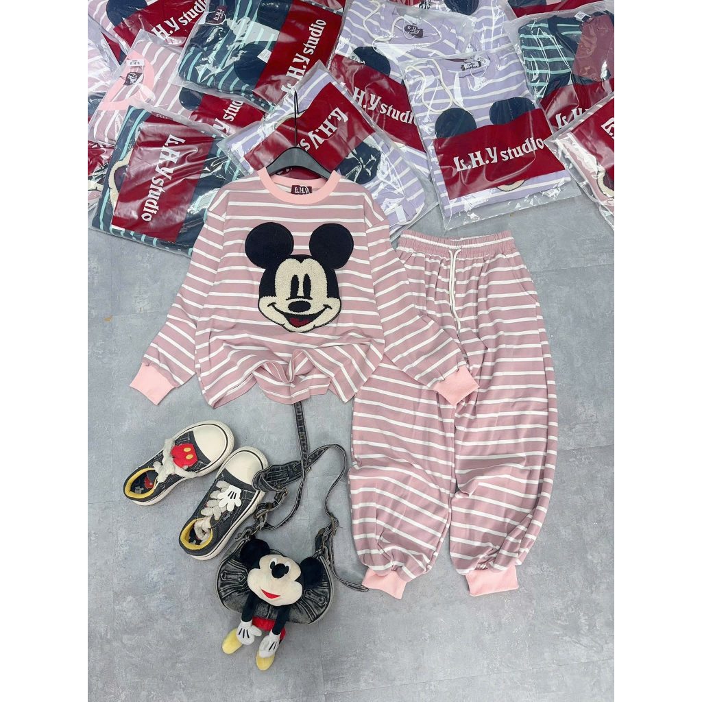 Set đồ nữ, bộ đồ nữ dài tay thu đông phối tông màu kẻ họa tiết micky siêu xinh JUN HCOM26757