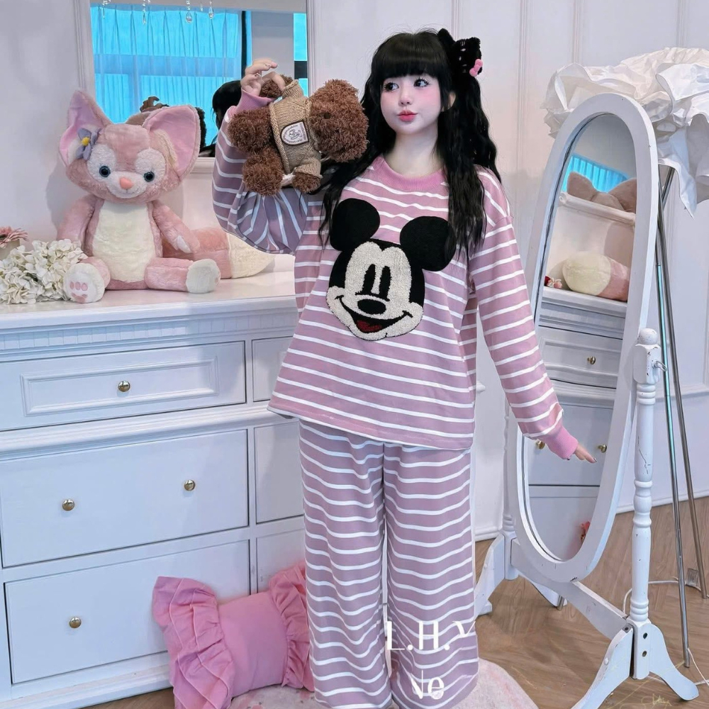 Set đồ nữ, bộ đồ nữ dài tay thu đông phối tông màu kẻ họa tiết micky siêu xinh JUN HCOM26757