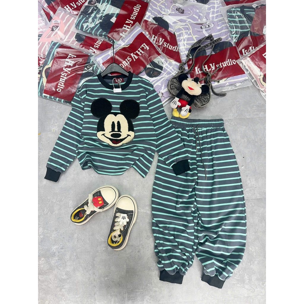 Set đồ nữ, bộ đồ nữ dài tay thu đông phối tông màu kẻ họa tiết micky siêu xinh JUN HCOM26757