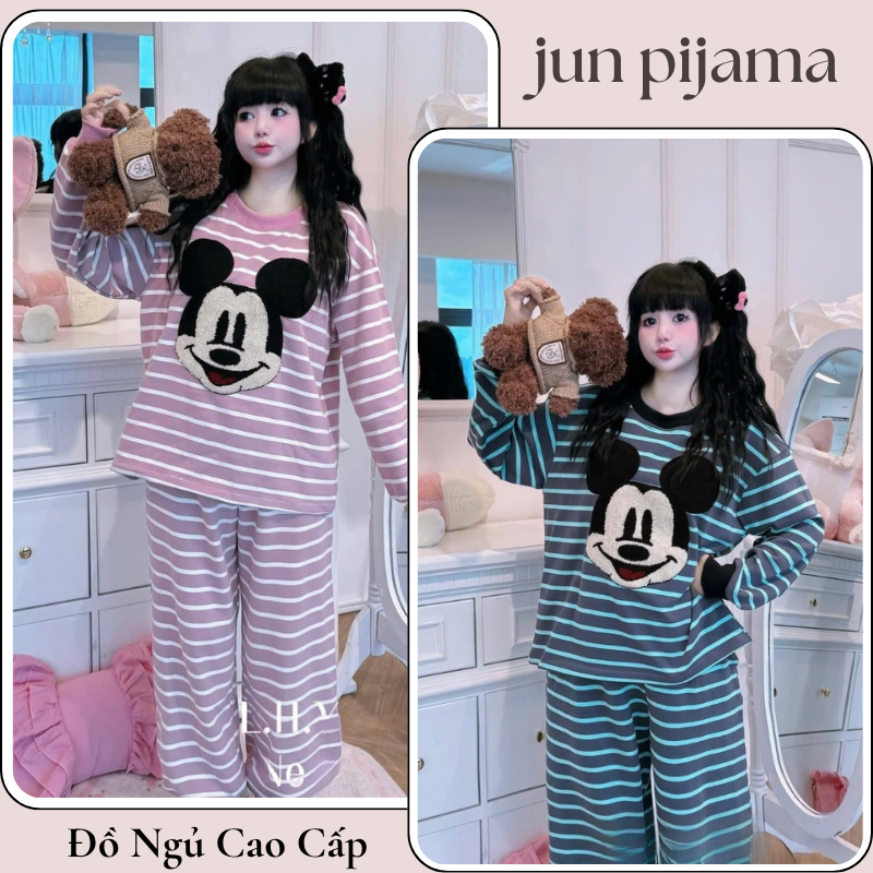 Set đồ nữ, bộ đồ nữ dài tay thu đông phối tông màu kẻ họa tiết micky siêu xinh JUN HCOM26757