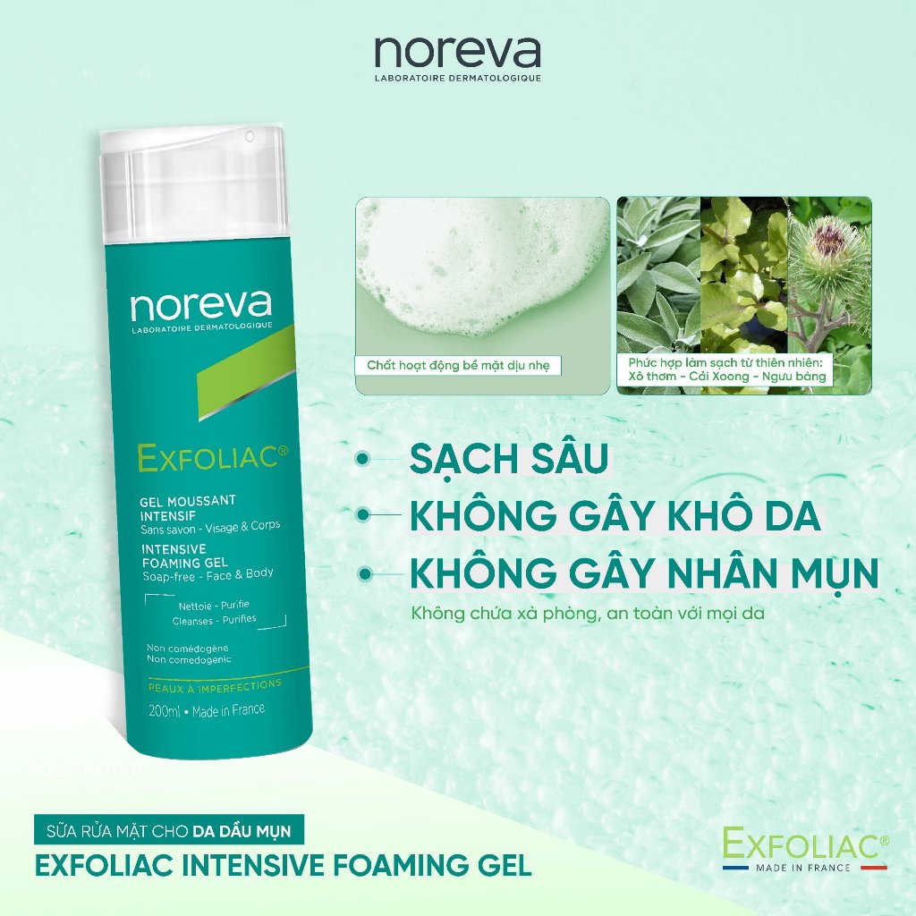[MALL] Gel rửa mặt Noreva Exfoliac Intensive Foaming cho da dầu mụn sạch sâu, dưỡng ẩm,sáng da 200ml