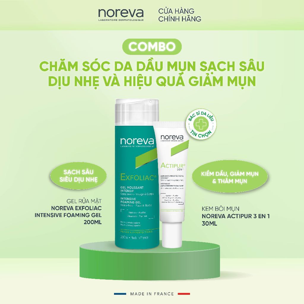 [MALL] Gel rửa mặt Noreva Exfoliac Intensive Foaming cho da dầu mụn sạch sâu, dưỡng ẩm,sáng da 200ml