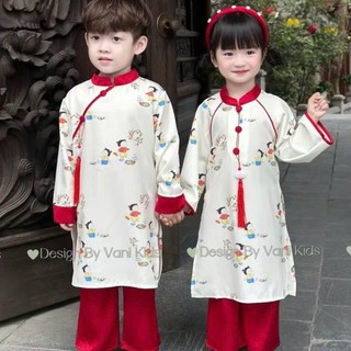Aó dài đôi bé trai bé gái chất lụa màu trắng,áo dài mặc tết cho bé gái bé trai 10-30kg