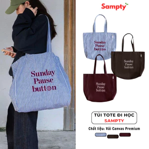Túi Tote Đi Học 𝐒𝐚𝐦𝐩𝐭𝐲 Đeo Vai Nữ Vải Cotton Premium 2 Lớp Dày Dặn Sunday Pause Button Autumn 2025